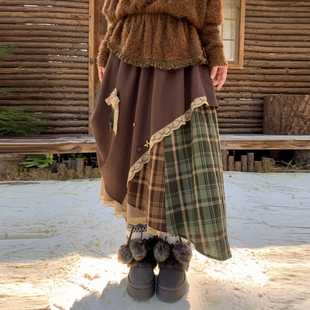 森女部落新款 森系旅行穿搭复古风拼接川西不规则格子半身裙女秋冬