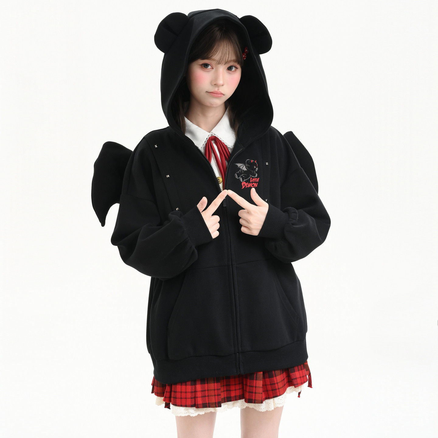 森女部落可拆卸恶魔翅膀外套女黑色宽松连帽小熊刺绣少女卫衣秋季