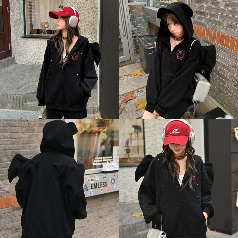 森女部落恶魔翅膀外套女新款甜酷风小熊连帽耳宽松显瘦百搭卫衣春