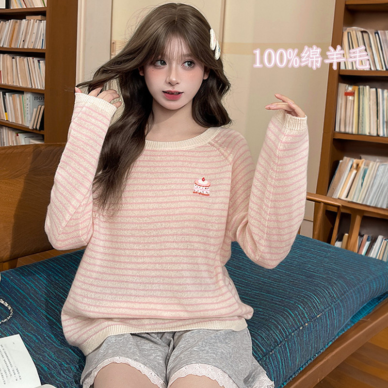 森女部落甜美蛋糕刺绣圆领套头毛衣女百搭慵懒感宽松条纹针织衫冬,女装/女士精品,毛针织衫,淘宝优惠券,粉丝福利购,淘宝优惠卷