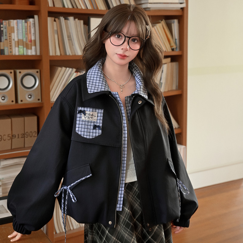森女部落甜美风格子拼接假两件设计感宽松外套女新款短款外搭春季图片