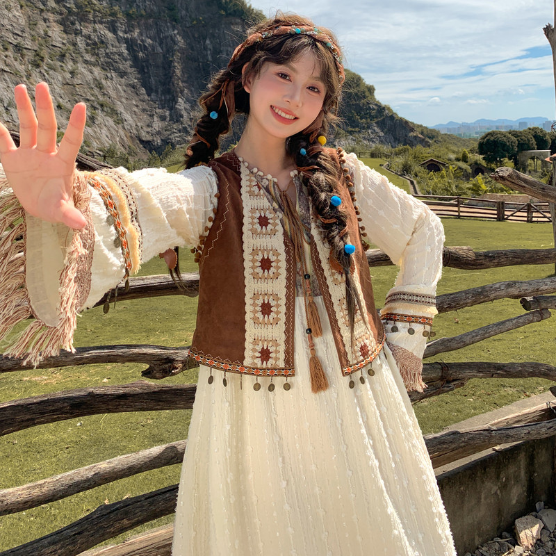 森女部落波西米亚棕色马甲流苏设计感宽松时尚套装女