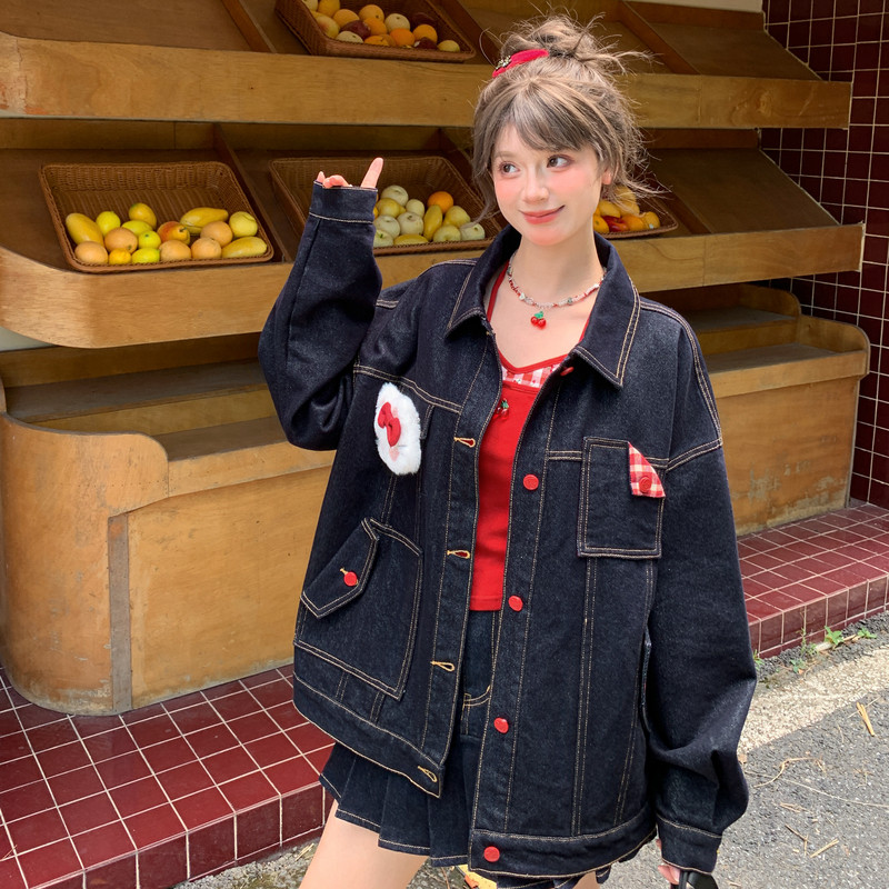 森女部落甜美百搭猫咪牛仔外套女2026新款早秋宽松长袖设计感上衣
