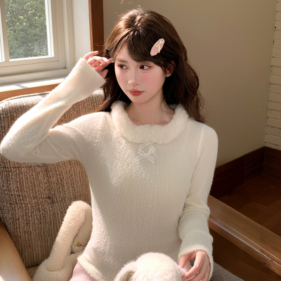 森女部落甜美风绒感设计感修身长袖T恤女新款蝴蝶结打底衫显瘦冬