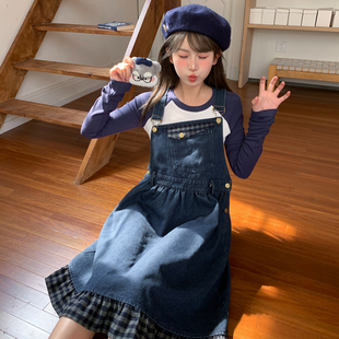 森女部落甜美小狗刺绣百搭连衣裙女设计感牛仔背带裙