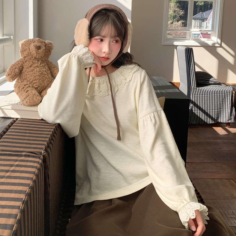 森女部落森系蕾丝领设计感宽松衬衫女2025新款百搭杏色打底上衣冬
