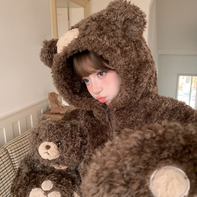新品限时88折森女部落童话小熊连帽绒衫女新款卫衣设计感立体小熊
