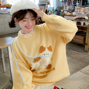 森女部落甜美风可爱小猫设计感针织衫 宽松上衣 女秋季