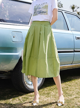 Lucidy鲁思蒂绿色半身裙2024新款女夏季气质显瘦休闲中长款裙子