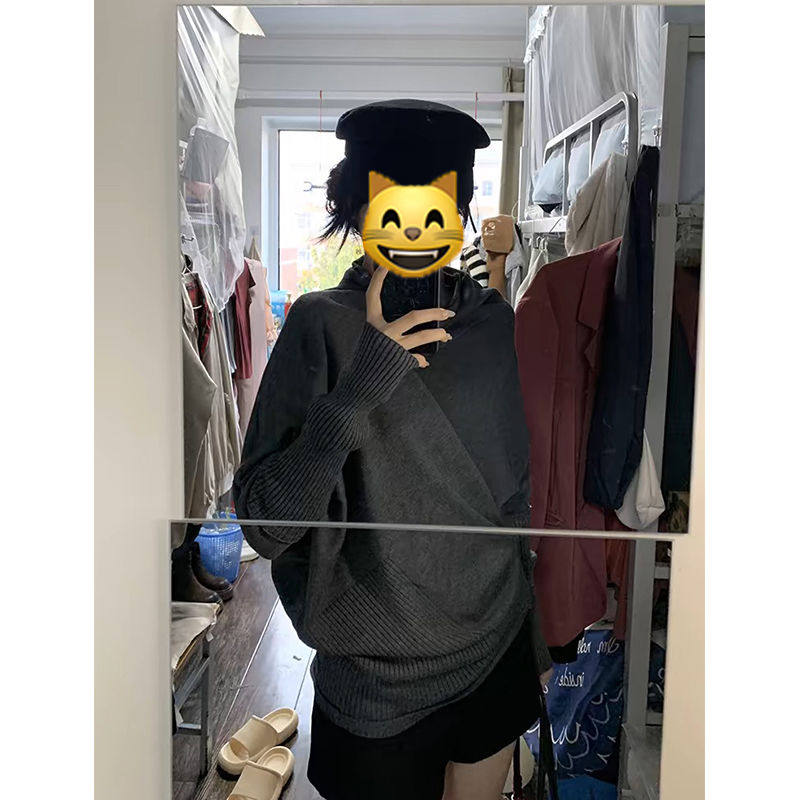 深秋初冬穿搭灰色不规则高领套头毛衣女秋冬开衫慵懒风针织衫上衣