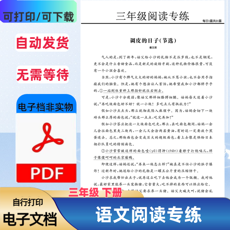 小学三年级语文阅读专练含答案21篇精选范文阅读理解PDF电子档