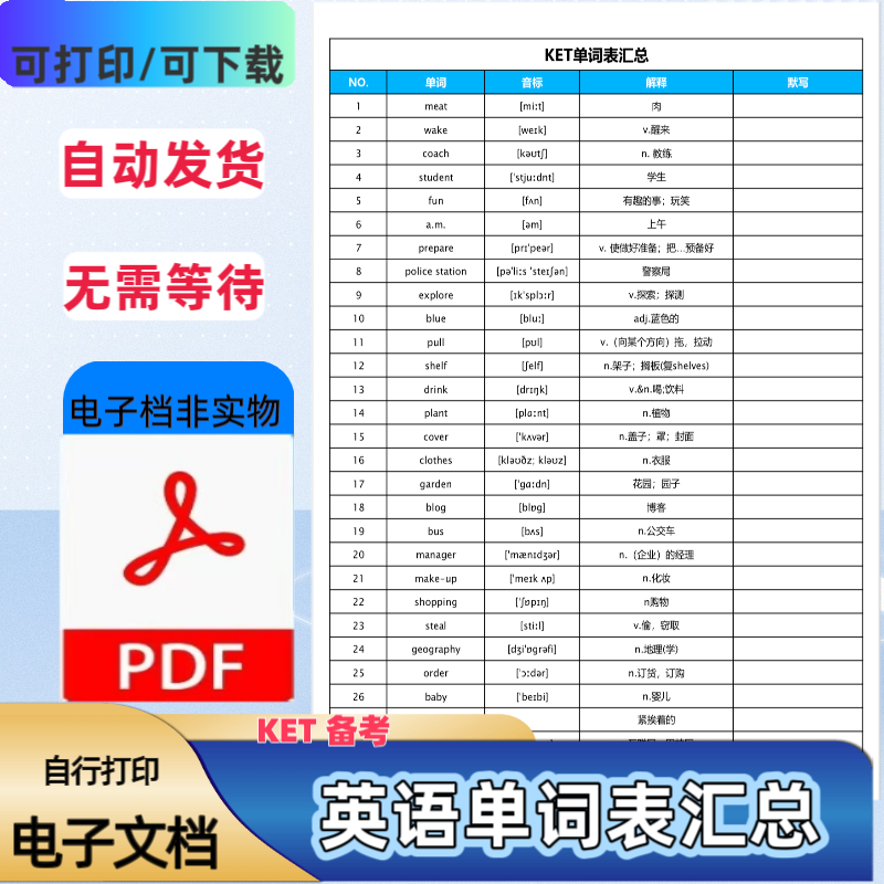 ket单词表汇总核心词汇表汇总剑桥英语考试高频单词默写PDF电子档