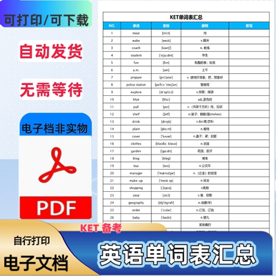 ket单词表汇总核心词汇表汇总剑桥英语考试高频单词默写PDF电子档