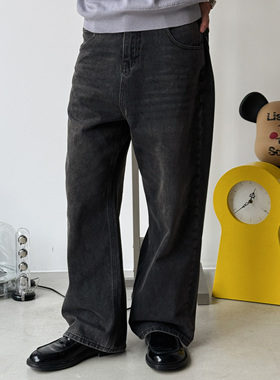 oarism 25SS 深灰色牛仔裤男女酵洗做旧纯棉宽松直筒休闲长裤春夏