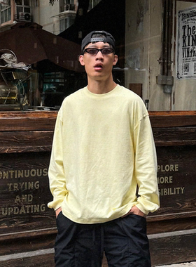 oarism 散边结构分割长T日系男女宽松纯棉纯色圆领休闲打底长袖