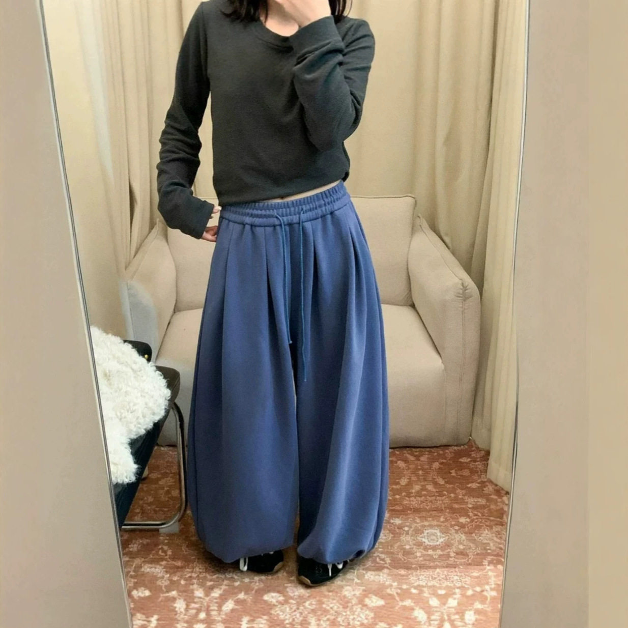 冬季新款阔脚休闲裤松紧腰加绒束脚灯笼裤运动裤宽松低腰长裤女