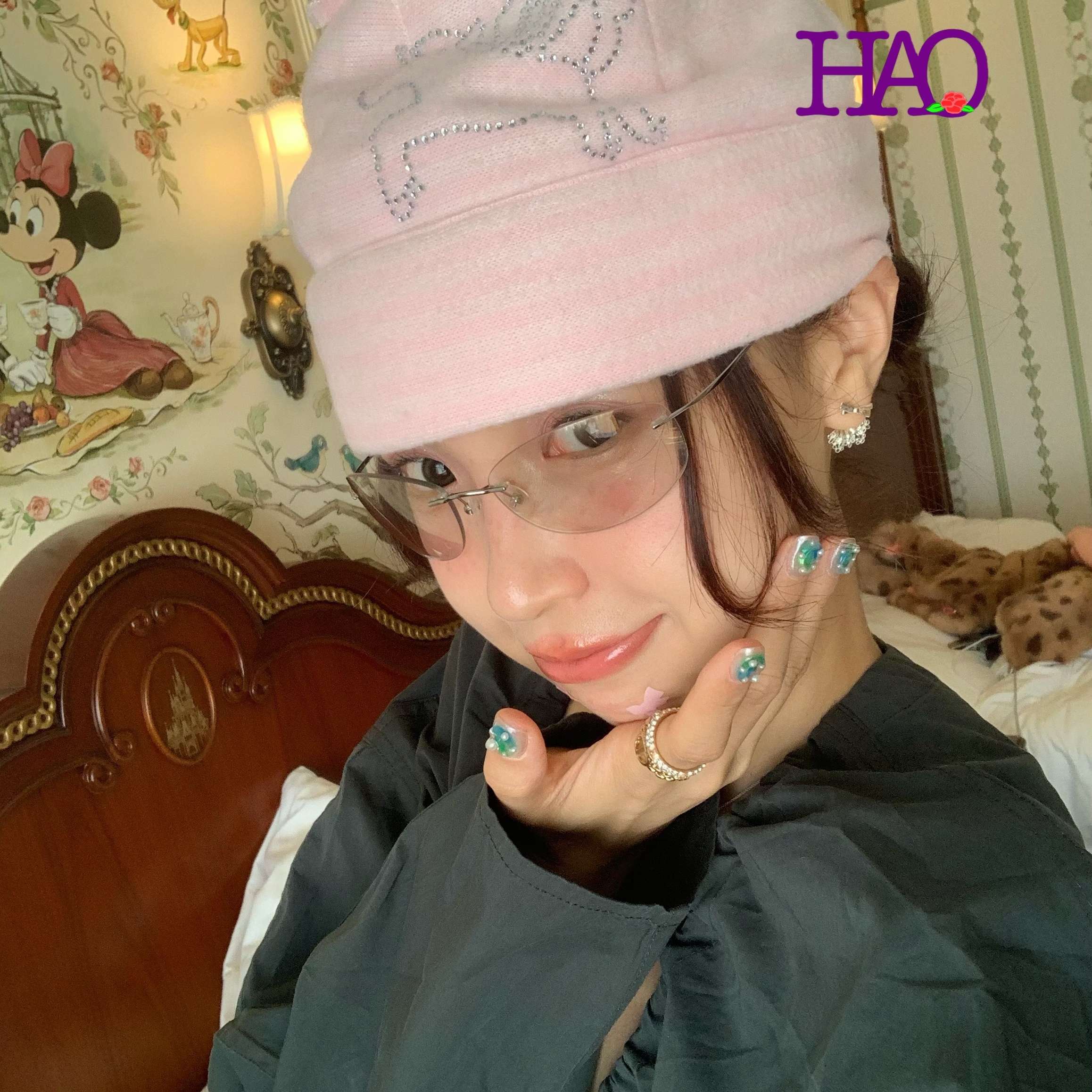 好好好！奶油粉色条纹钻石小马可调节显脸小不扎皮肤磨毛毛帽子