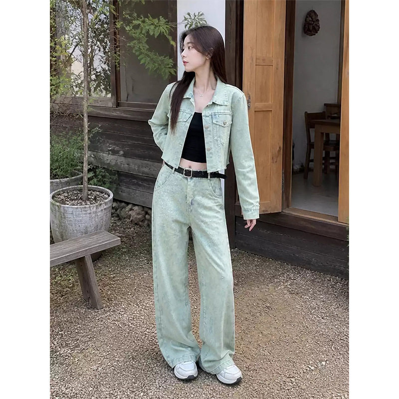 高街水洗做旧牛仔套装女秋季新款短款夹克外套直筒长裤两件套ins