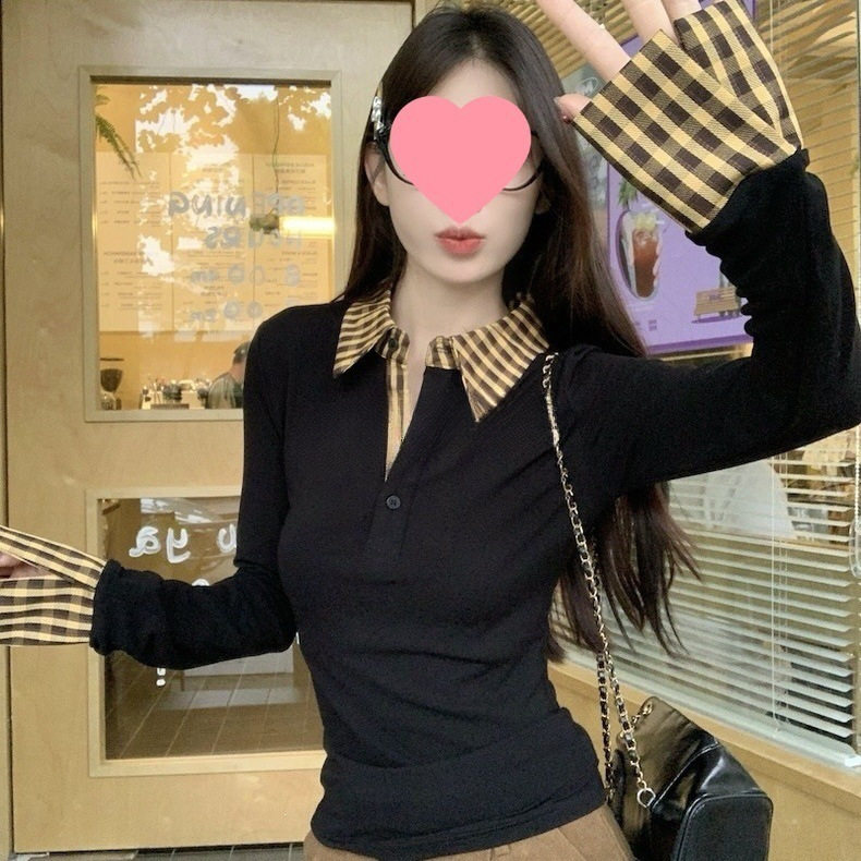 韩系假两件格子黑色poloT恤女春秋chic设计感打底衫内搭短款上衣