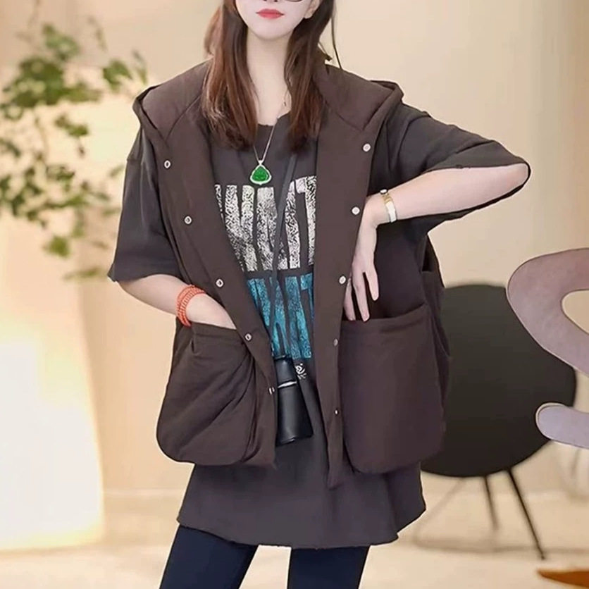 欧货时尚休闲连帽纯色减龄棉马甲女宽松百搭大口袋叠穿外套高级感