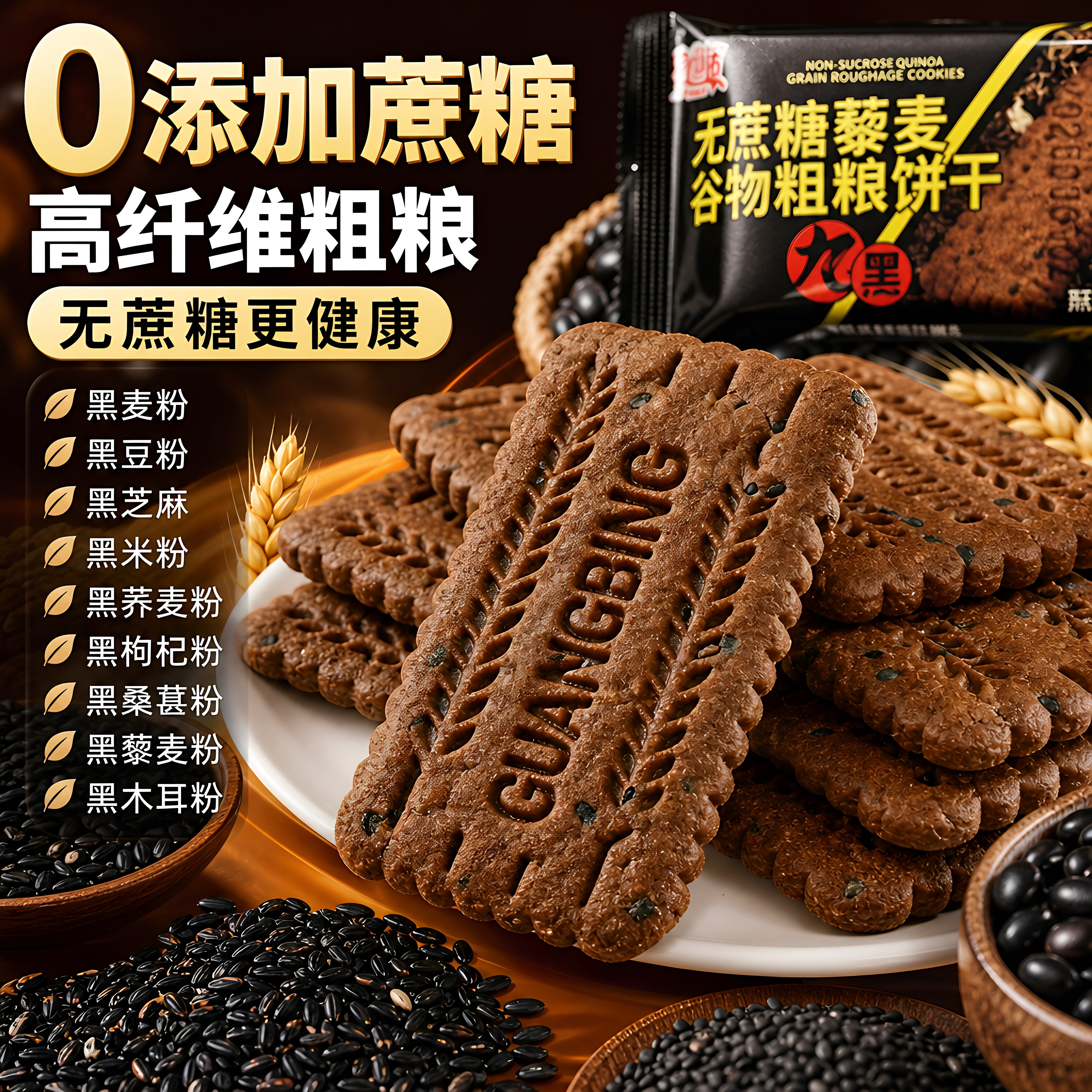 九黑藜麦无蔗糖谷物粗粮健康饼干