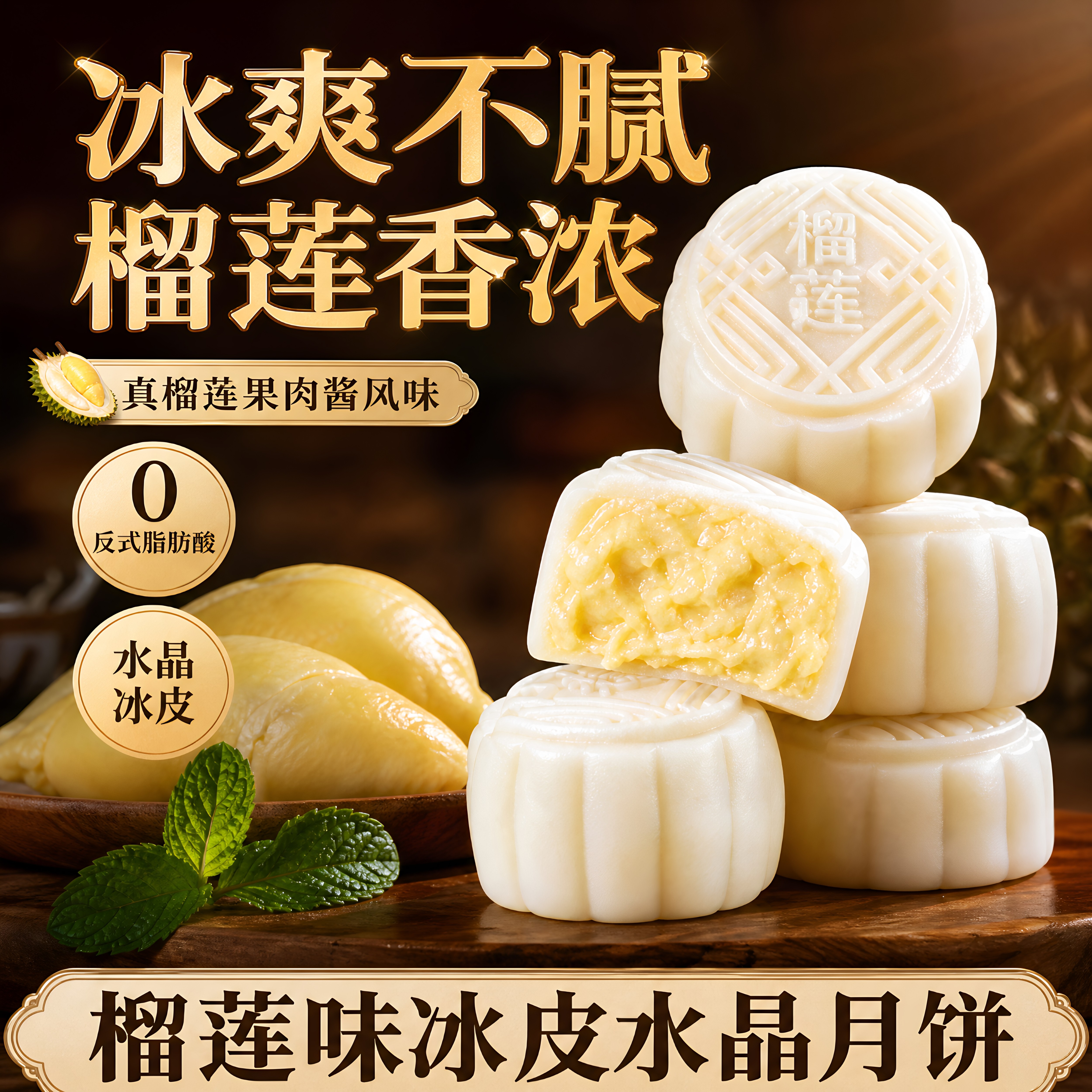 网红爆款榴莲味冰皮水晶月饼冰
