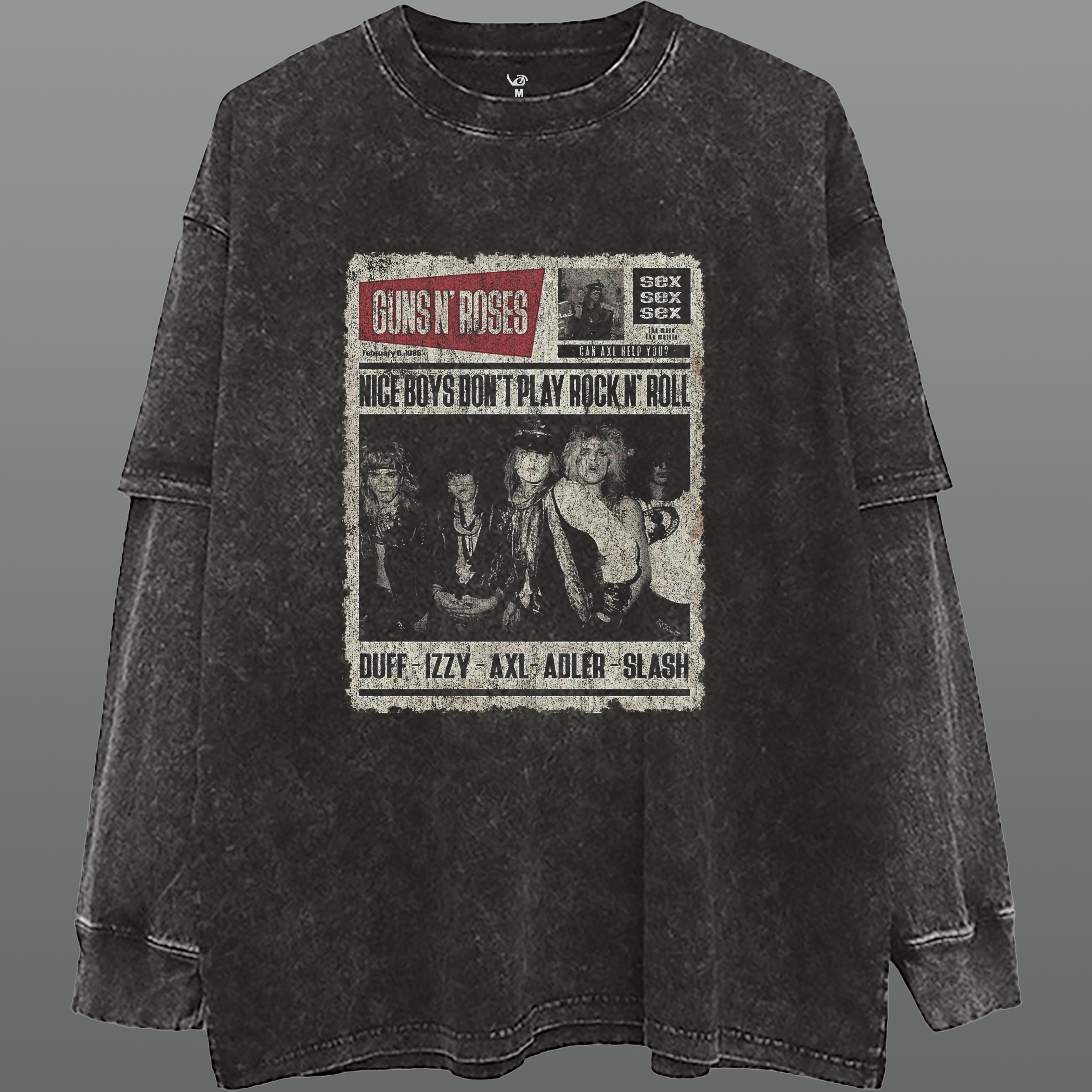 水洗做旧枪花摇滚乐队假两件长袖