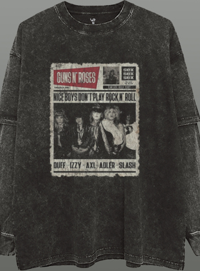 春秋240g水洗做旧枪花摇滚乐队假两件男潮流宽松纯棉圆领长袖T恤