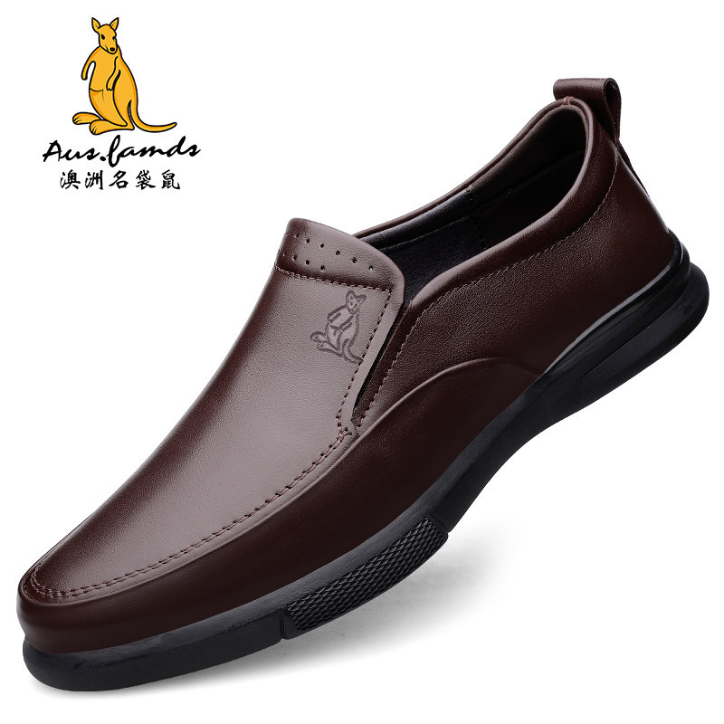 澳洲名袋鼠冬季新款真皮加厚软底休闲皮鞋男百搭一脚蹬商务鞋子男