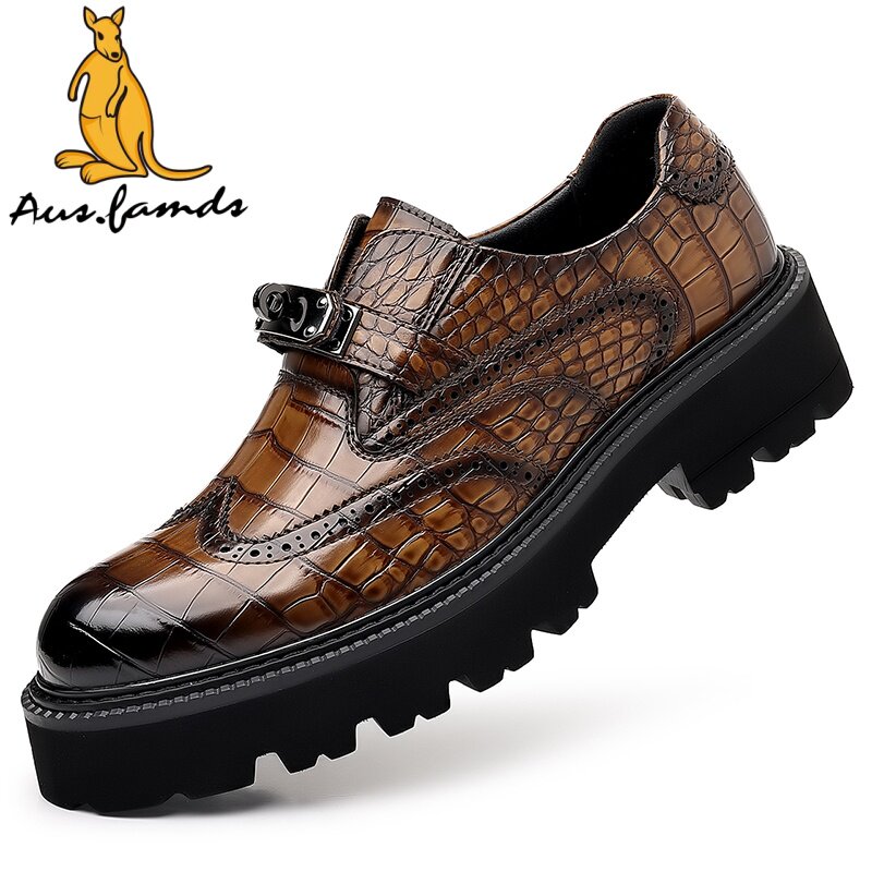 澳洲名袋鼠2026春季新款鳄鱼纹真皮休闲皮鞋男布洛克软底商务男鞋