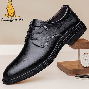 澳洲名袋鼠春季新款内增高系带真皮软底休闲皮鞋男通勤男士商务鞋
