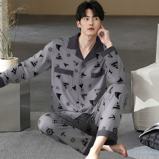 全棉纯棉春秋季180-280斤男士帅气翻领开衫纯棉睡衣长袖长裤加大