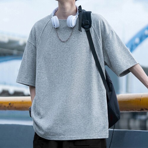 灰色美式复古拼接体恤设计感小众简约青少年正肩半袖短袖T恤男款