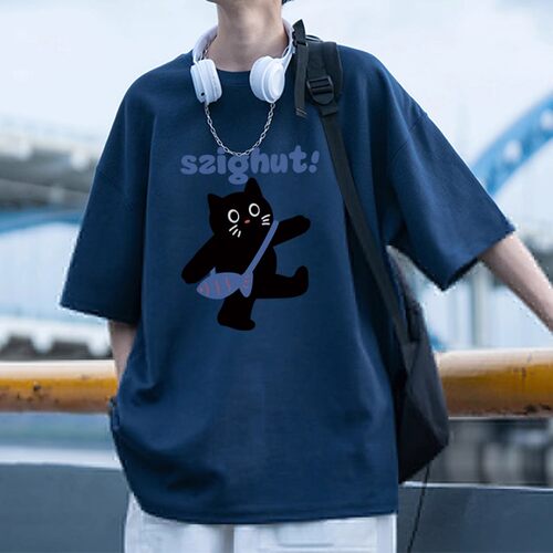 藏青色重磅纯棉短袖t恤男款夏季设计感美式复古半袖卡通学生上衣