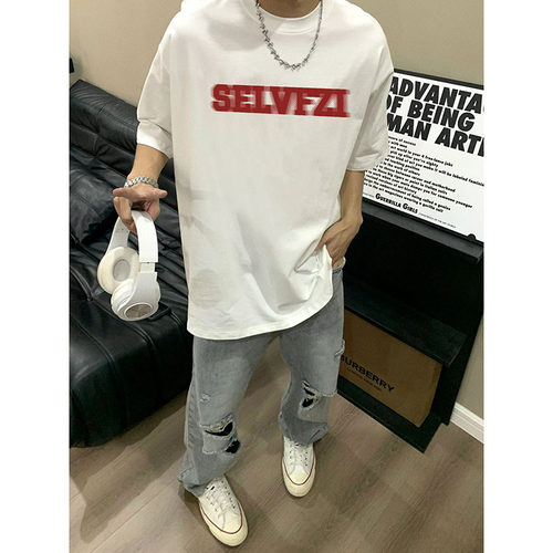 美式复古纯棉白色短袖T恤男款夏季2025新款重磅字母宽松休闲体恤