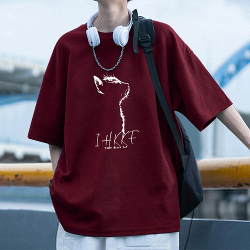 纯棉短袖男夏季潮牌潮流美式复古高街嘻哈宽松2025新款酒红色t恤