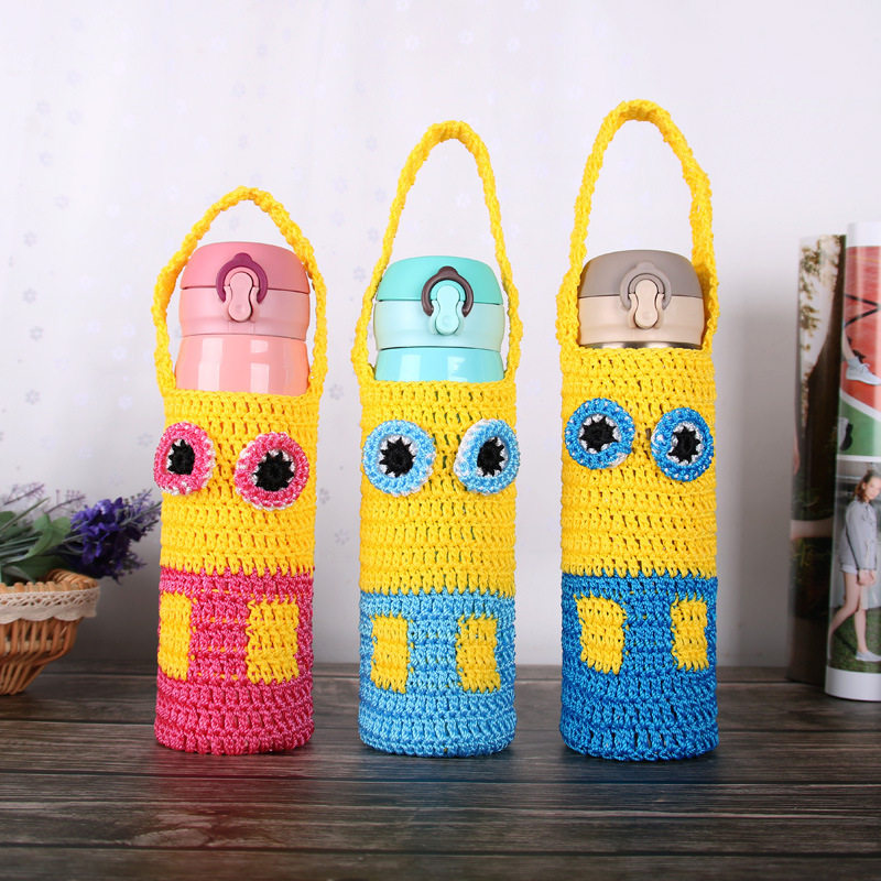 手工钩编杯套学生水杯保温杯套隔热提绳杯套360/500/1000ml