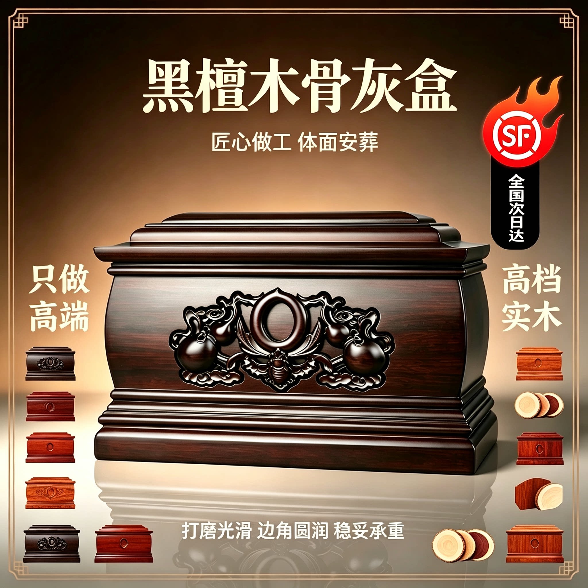 骨灰盒实木黑檀木高档寿盒榫卯结构灰骨盒防腐防潮盒迁坟殡葬用品