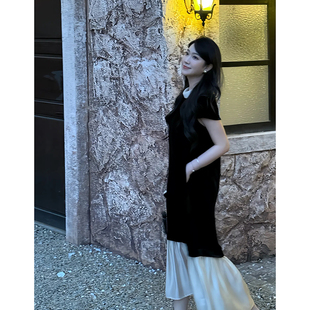 大李plus100桑蚕丝拼接色丝绒连衣裙女夏季气质氛围感减龄裙子