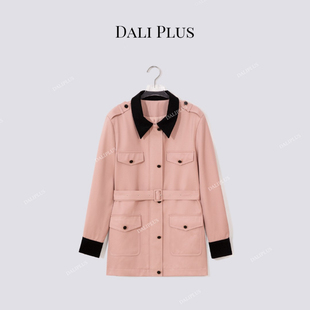 外套 100绵羊毛拼皮收腰中长款 D5ST1375 粉黑撞色风衣 大李plus