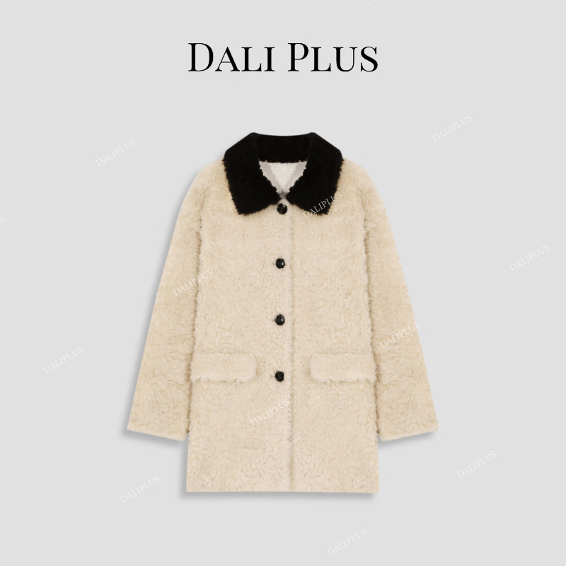 大李plus【重磅羊毛】沙金色翻领撞色洋气颗粒毛外套-D4SC0086