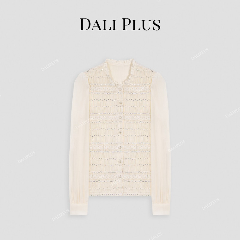 重工立体捏褶精致奢华彩色珠片泡泡袖衬衫-D4ST0304