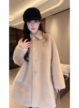 大李plus“100羊毛直毛拉毛外套”金色长款加厚毛呢大衣-D5SZ8248