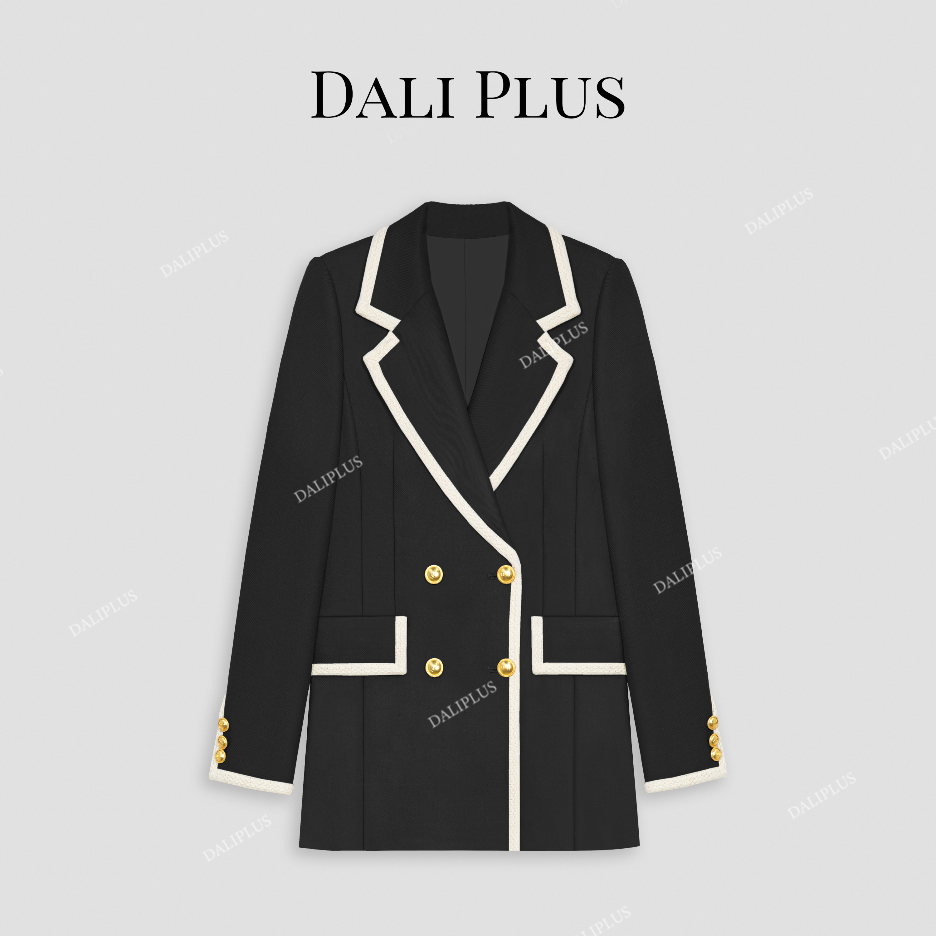 大李plus斜纹精纺羊毛撞色编织带双排扣西服西装外套-D4CK0072