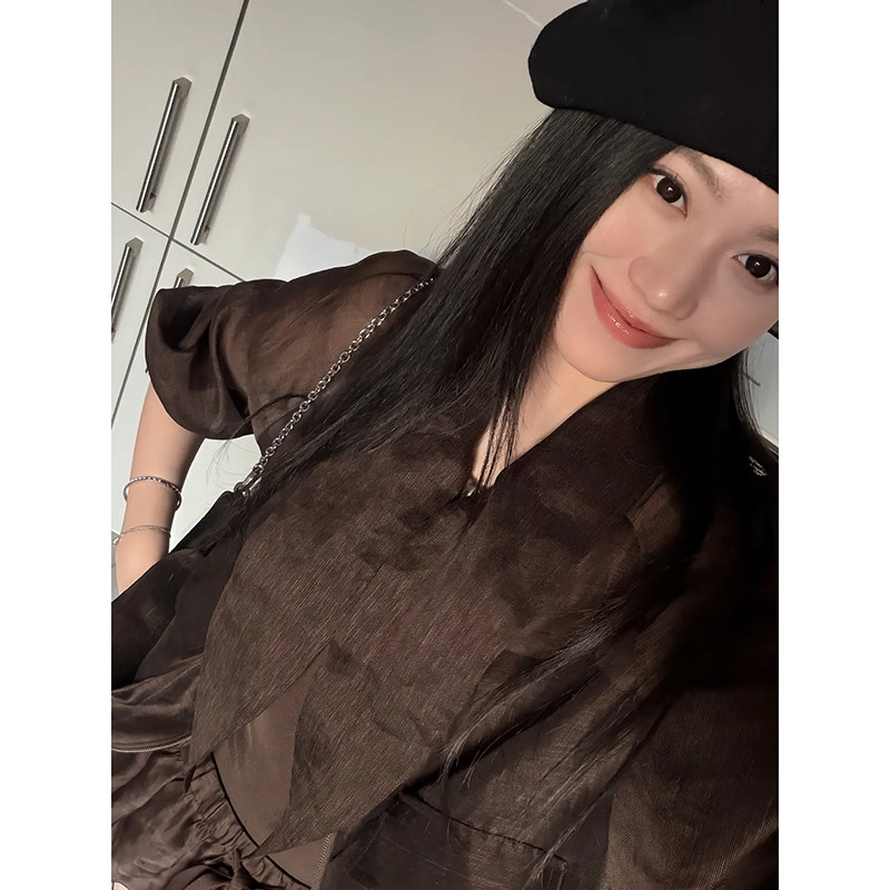 大李plus亚麻薄款长袖透感套装女夏季休闲显瘦通勤防晒外套+裙裤