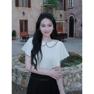 大李plus桑蚕丝撞色黑边娃娃领衬衫女夏季高级设计感百搭T恤上衣