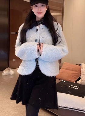 大李plus 藏青领拼蓝色颗粒绒100绵羊毛长袖毛毛外套女冬季气质