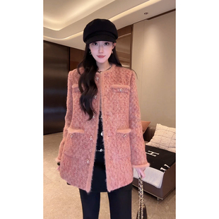 大李plus水貂香风95白鹅绒服羊毛花呢羽绒服女冬季设计感大衣外套