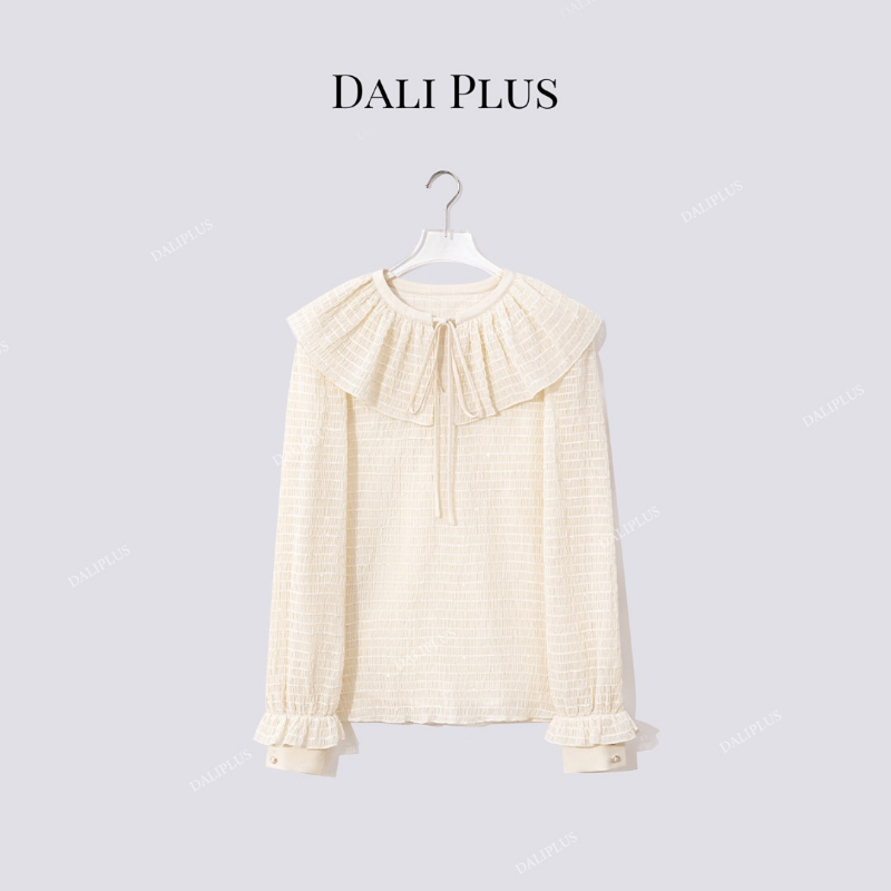 “披肩斗篷亮闪衬衫”木耳花边长袖衬衫-D5ST1346-2