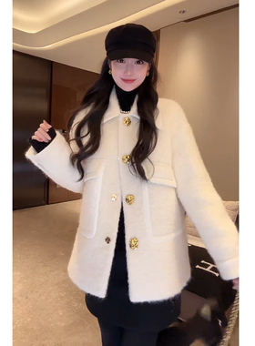 “白苏力95白鹅绒服”羊驼毛马海毛圈圈呢外套-D5LT2230